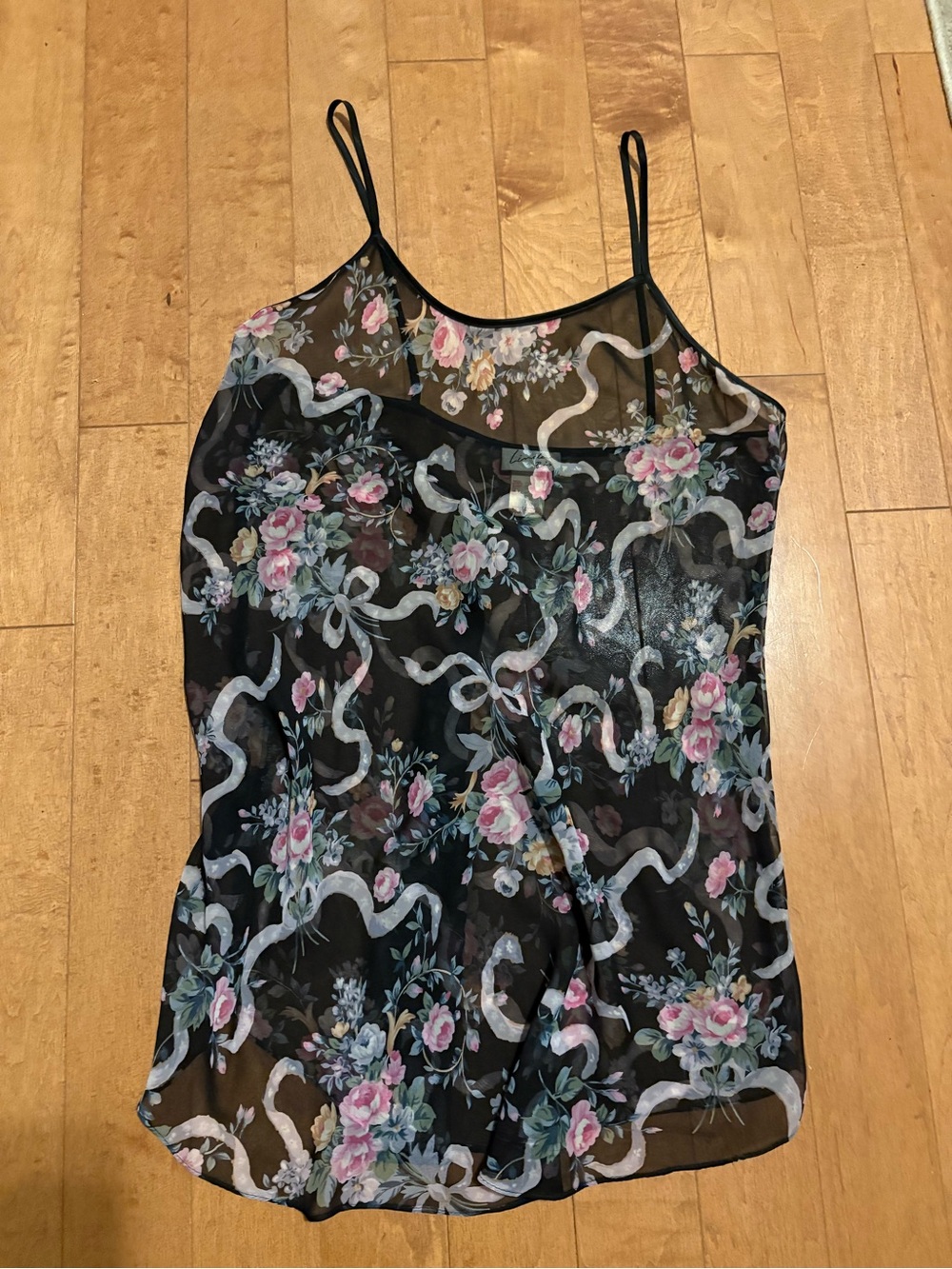 Vintage Linda Bis Sheer Black Slip Chemise with Pink Rose Print